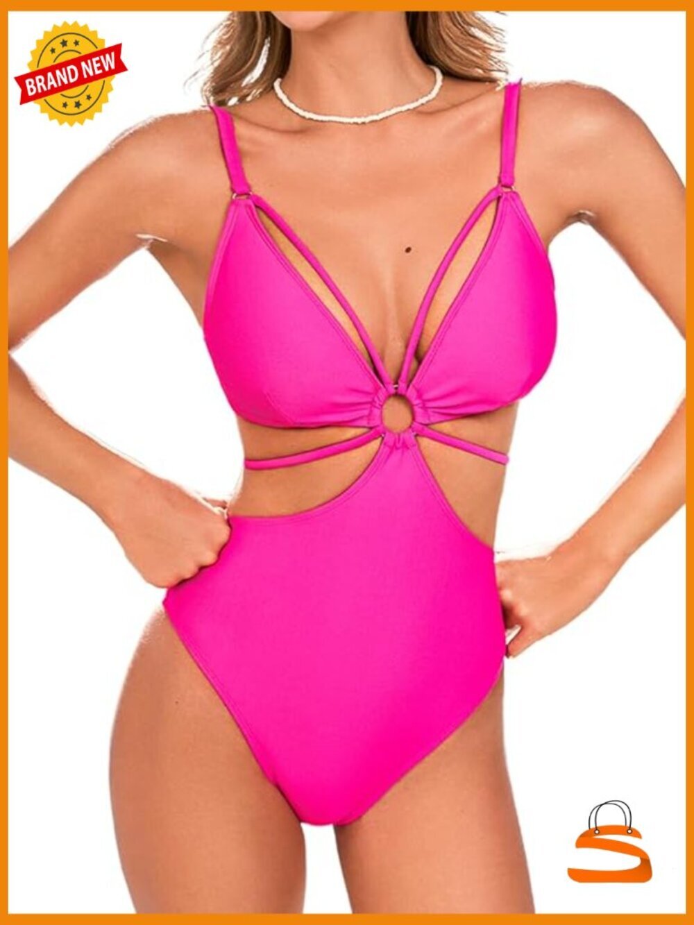 V Neck Cutout Monokini One Piece Swimsuit Back Hook Adjustable Straps
